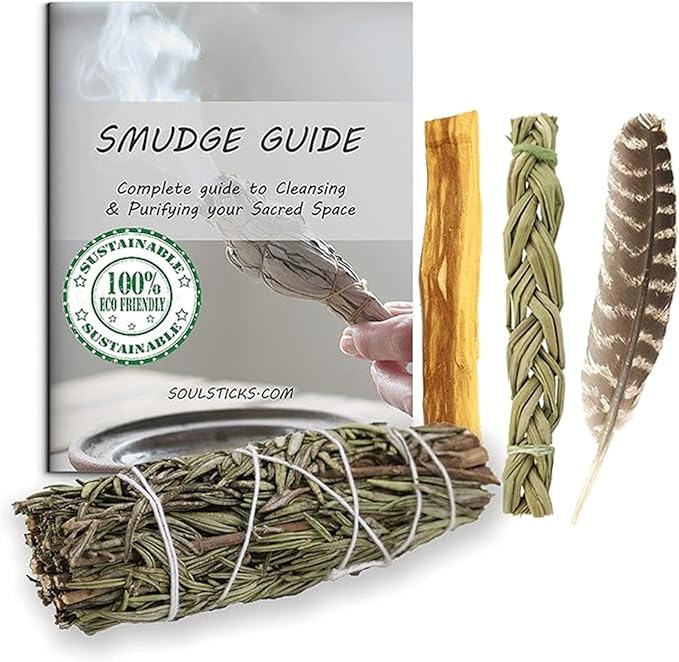 Ancient VEDA Organic Smudge Kit –Rosemary, Palo Santo, Sweetgrass Braid, Feather & Smudge Guide | Home Cleansing Kit for Meditation, Yoga, Energy Healing & Gift (Starter Kit, Rosemary Sage)