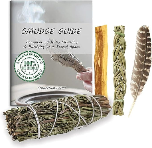 Ancient VEDA Organic Smudge Kit –Rosemary, Palo Santo, Sweetgrass Braid, Feather & Smudge Guide | Home Cleansing Kit for Meditation, Yoga, Energy Healing & Gift (Starter Kit, Rosemary Sage)