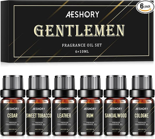 Gentlemen's Essential Oils Set - 6x10ML Mens Fragrance Oil for Candle Making, Diffuser - Sandalwood, Cedar, Leather, Sweet Tobacco, Bay Rum, Cologne Aromatherapy Oils for Men