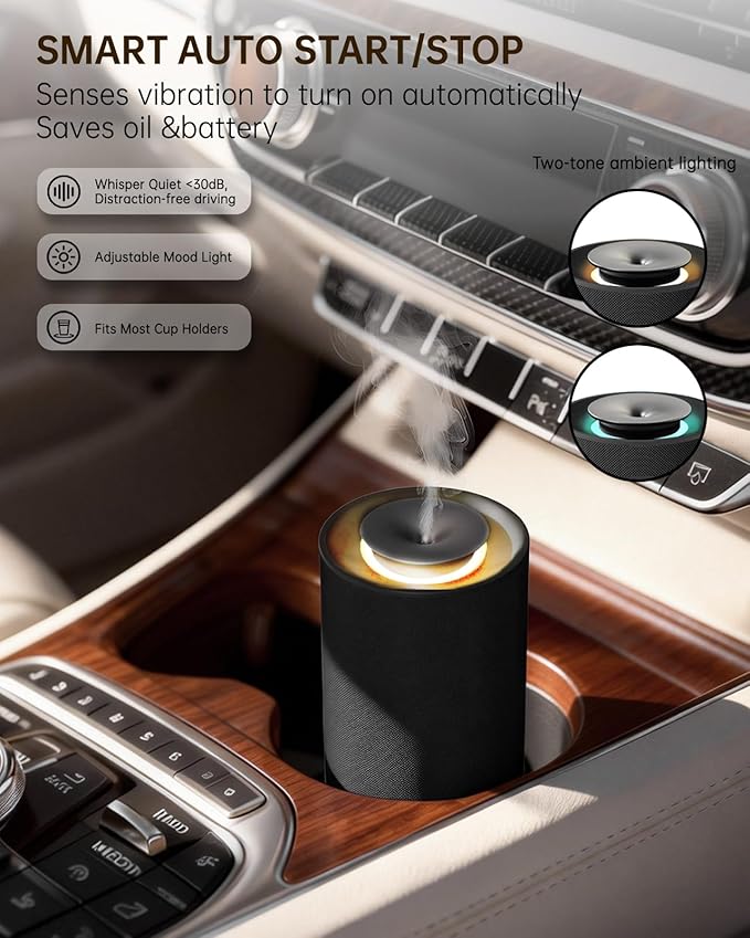 Waterless Essential Oil Diffuser,Portable Car Aromatherapy Diffuser,Rechargeable Cordless Scent Device with Fabric Design,Adjustable Mist & Ambient Light for Home, Office, Travel (Black)
