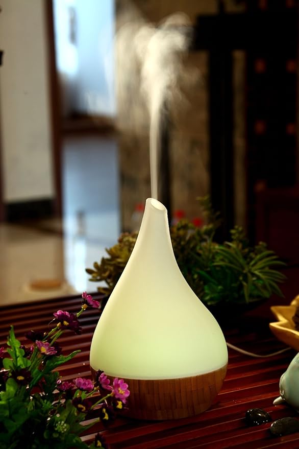EcoGecko Essential Oil Diffuser Aromatherapy Oil Diffuser Solid Wood Bamboo Wood with Glass Top, Ultrasonic Cool Mist Oil Diffuser with Soft Color Changing Lights, Waterless Auto Shut-Off