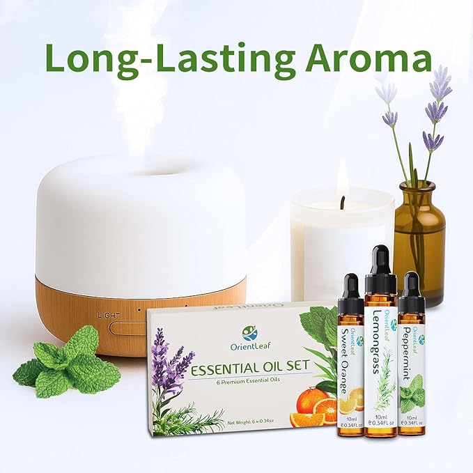 ORIENTLEAF Essential Oils Set for Diffusers, Aromatherapy Essential Oils Gifts for Women and Girls, Lavender, Eucalyptus, Lemongrass, Sweet Orange, Peppermint, Tea Tree (6x10ml)