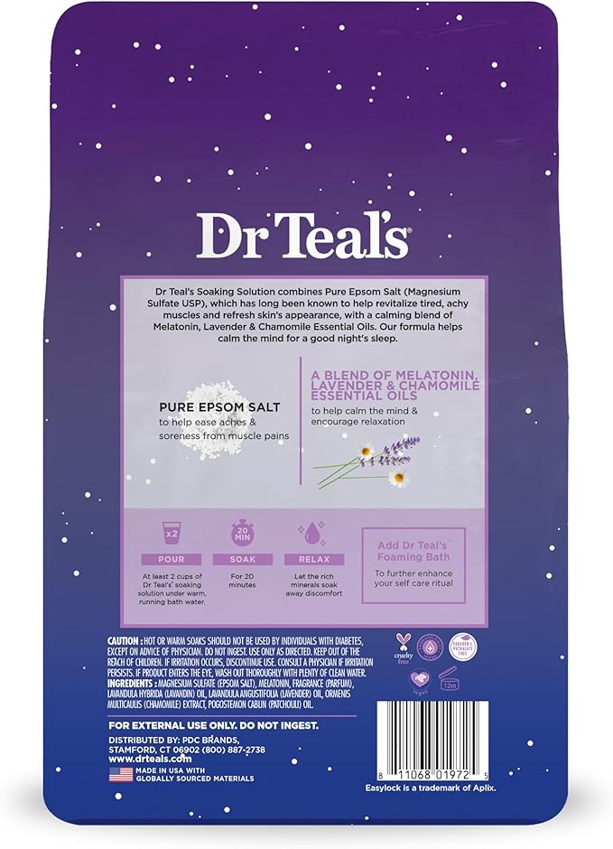 Dr Teal's Pure Epsom Salt Soak, Sleep Blend with Melatonin, Lavender & Chamomile Essential Oils, 3 lbs