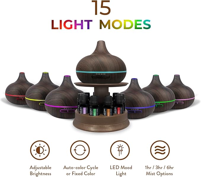 Pure Daily Care Ultimate Aromatherapy Diffuser with Essential Oil Set - 300ml Ultrasonic Diffuser, 4 Timer & 7 Ambient Light Settings - 10 Therapeutic Grade Essential Oils - Oak Wood with Stand