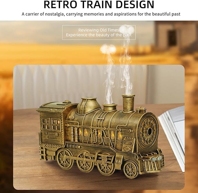 300ml Vintage Steam Train Aromatherapy Essential Oil Diffuser and Humidifier with Dual-Color LED Light (Standard US Power Supply/Bronze)