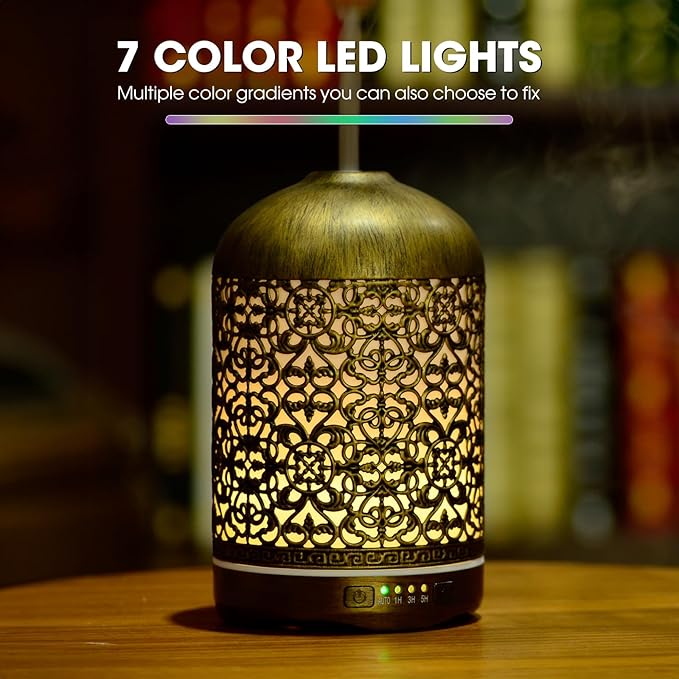250ML Essential Oil Aromatherapy Diffuser for Home Bedroom Office Metal Hollow Decorative Room Ultrasonic Air Scent Mist Aroma Diffuser -Gold