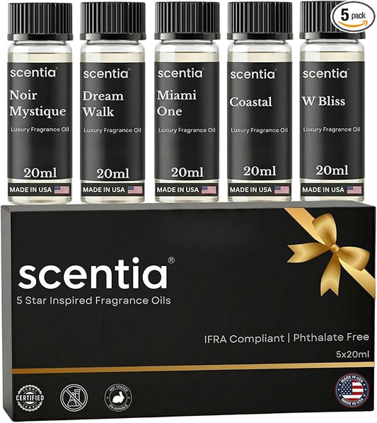 Scentia Luxury Diffuser Essential Oils Set – 5x20ml Discovery Collection, Miami One (Inspired by 1 Hotel Miami, Formerly My Way) Coastal (Formerly Cabana) & White Tea Spa Fragrance