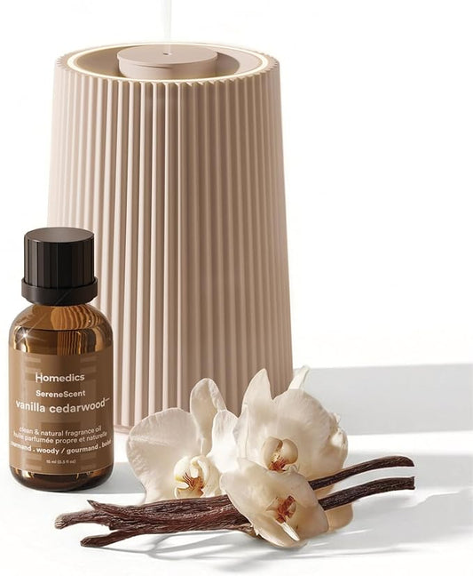 Homedics Waterless Essential Oil Diffuser with 15ml Vanilla Cedarwood Fragrance Oil. SereneScent Cordless Cold Air Scent Diffuser Starter Kit with Ambient Light, Studio 671 (Beige)