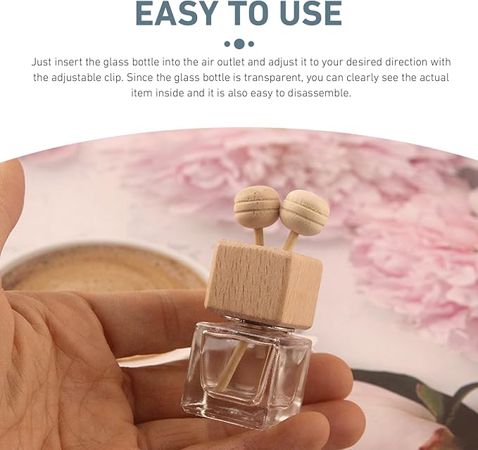 2 PCS Car Air Vent Diffuser Clips, Refillable Empty Glass with Wooden Cap, Straight Outlet Diffuser Ornament with Secure Back Clip, Universal Decorative Accessory for Cars (Transparent)