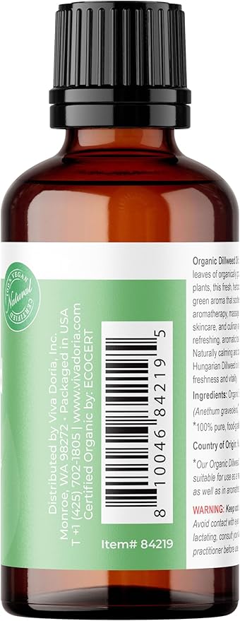 Viva Doria Dillweed Essential Oil, USDA Certified Organic Dillweed Oil, 100% Pure, Hungarian Natural Essential Oil, Undiluted, for Aromatherapy | Food Grade, 30 mL (1 Fluid Ounce)