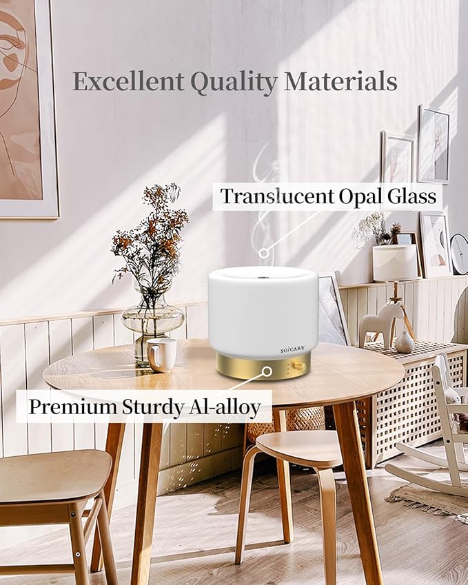 SOICARE Glass Diffuser with Luxury Alloy Base(Gold), All-in-one Room Decor Aromatherapy Oil Diffusers for Essential Oils, Air Scent Essential Oil Diffuser Humidifier,Dimmable Warm Light (280ML)