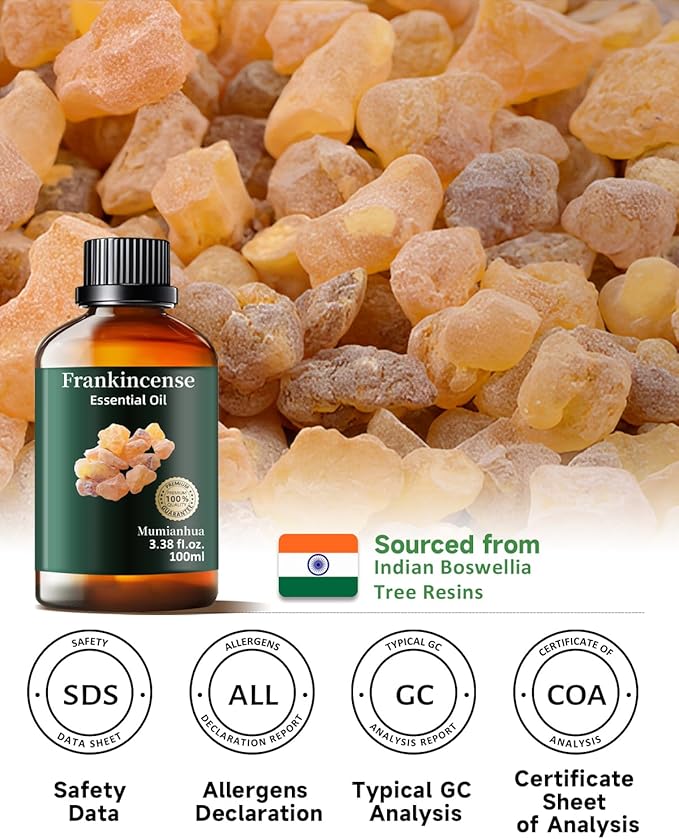 Frankincense Essential Oil, Mumianhua Pure Frankincense Oil, Steam-Distilled for Meditation Focus, Skin, Grounding Aroma for Diffuser, DIY Serum & Candle Making, 3.38 Fl Oz