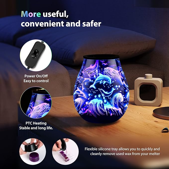 inrorans Glass Electric Wax Melt Warmer Oil Burner with Stable Heating PTC Reusable Silicone Tray 7 Colorful Changing Led Light Night Light Scent Warmer for Home Fragrance Warmers-Dolphin