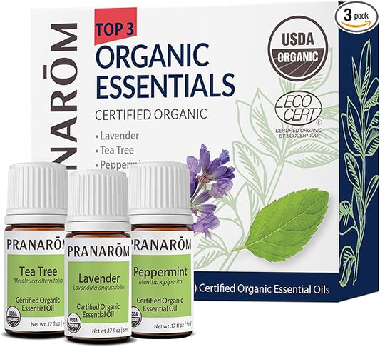 Pranarom - Top 3 Essential Oil Kit (3-Pack of 5ml) - Lavender, Tea Tree, and Peppermint Essential Oils - 100% Pure Essential Oil | USDA and ECOCERT Certified Organic