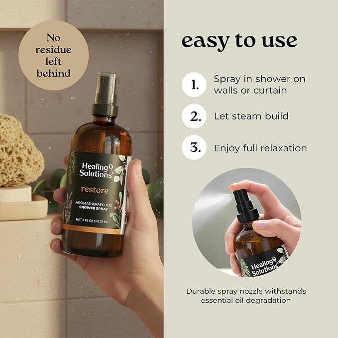 Healing Solutions Aromatherapy Shower Spray, Restore Blend, 4oz, Essential Oils, Made in the USA, At Home Spa Experience, Promotes Muscle Relaxation
