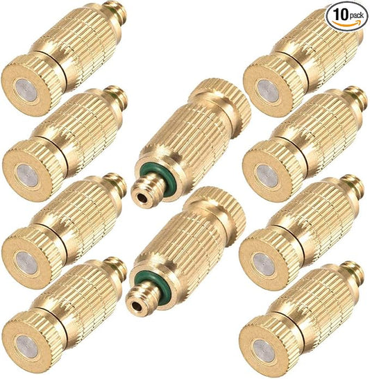 Brass Misting Nozzle, 10 Pack High Pressure Spray 10/24 UNC Outdoor Anti-drip Fogging Spray Head Misting System Tips for Landscaping Outdoor Cooling System (0.012 Orifice)
