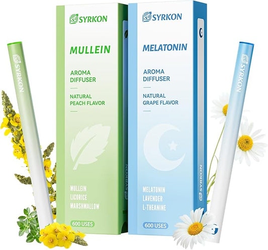 Herbal Diffuser Pens, 2 Pack, Mullein for Lung Support & Sleep Aid with Melatonin, Natural Plant Extracts, Total 1200 Uses, Portable and Compact
