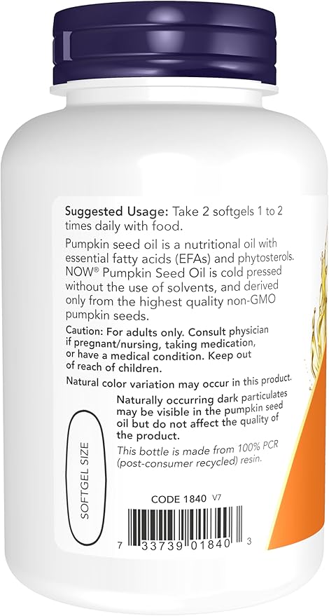 NOW Supplements, Pumpkin Seed Oil 1000 mg with Essential Fatty Acids and Phytosterols, Cold Pressed, 100 Softgels
