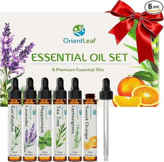 ORIENTLEAF Essential Oils Set for Diffusers, Aromatherapy Essential Oils Gifts for Women and Girls, Lavender, Eucalyptus, Lemongrass, Sweet Orange, Peppermint, Tea Tree (6x10ml)