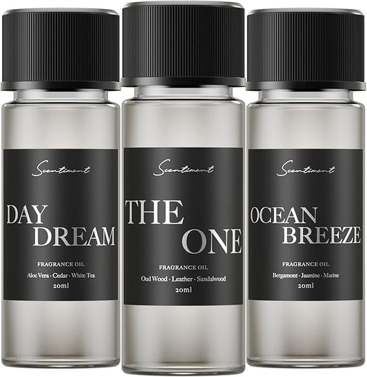 Scentiment Hotel Scents Discovery Set – Day Dream, The One & Ocean Breeze | Fresh, Woody & Marine Fragrance Oils | Luxury Home Scent Kit for Cold Air Diffusers 3 x 0.68 fl oz (20 mL)