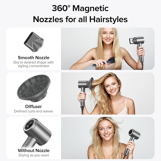 Low Noise Hair Dryer, 150000 RPM Brushless Motor with 500M Negative Ions, Fast-Dry Lightweight ThermoControl, Magnetic Diffuser & Nozzle, 5 Heat & 3 Speeds, Salon Blow Dryer for Home Travel All Hair