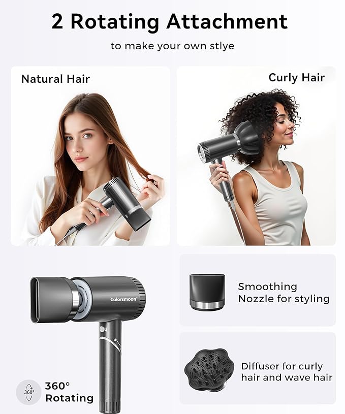 Hair Dryer, 100,000 RPM High-Speed Blow Dryers for Women & Men, Hair Dryers with Diffuser & Nozzle, Portable Hairdryer for Travel Home Use, Quiet & Fast-Drying, 500 Million Negative Ions, Heat-Control