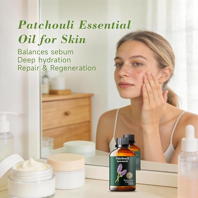 Patchouli Essential Oil, Mumianhua Pure Patchouli Oil, Aged & Earthy Aroma for Outdoor Spray, Natural Perfume Base & Grounding Diffuser Blends, Hair, Skin, Soap Making3.38 Fl Oz