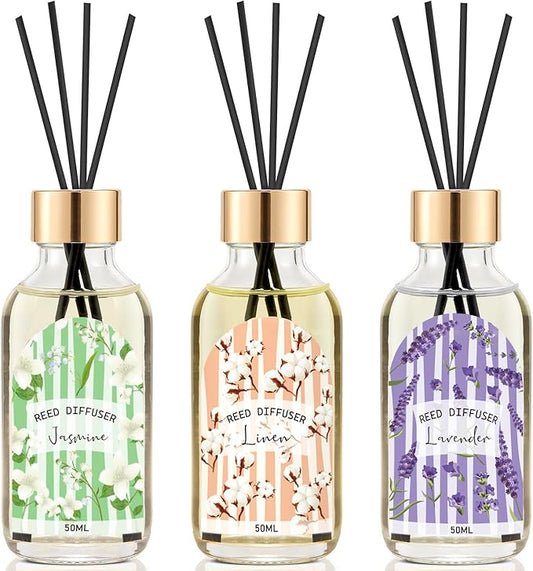 Reed Diffuser Set of 3 - Linen Lavender Jasmine Oil Diffuser with 15 Sticks, Reed Diffusers for Home Bathroom Shelf Air Freshener, 1.7 Fl. Oz Each, Total 5.1 Fl. Oz