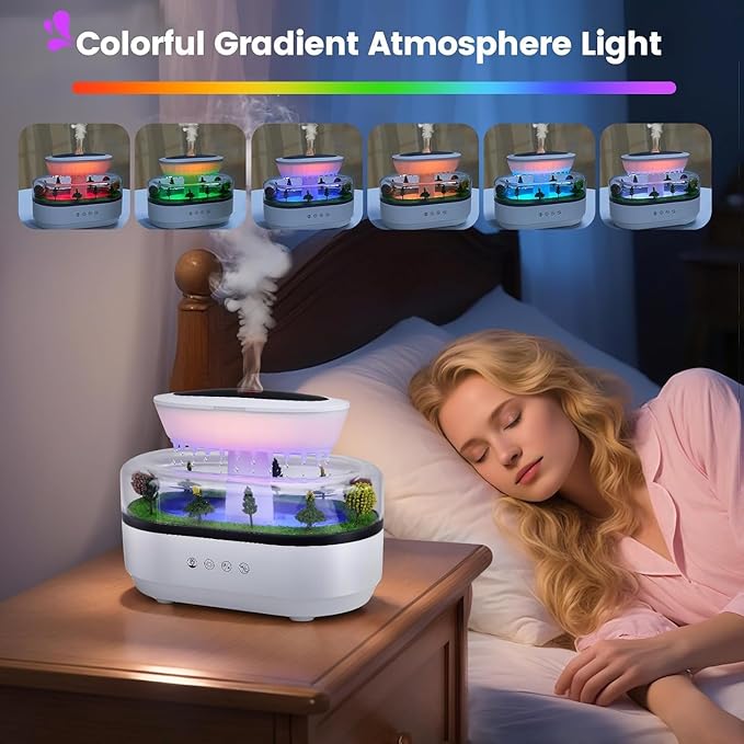Essential Oil Diffuser 250ML Air Humidifier with 7-Color Adjustable LED Ambient Light,Water Drip Sound,Micro Landscape,Ultrasonic Quiet Mist,Ideal for Bedrooms,Offices & Plants (White)