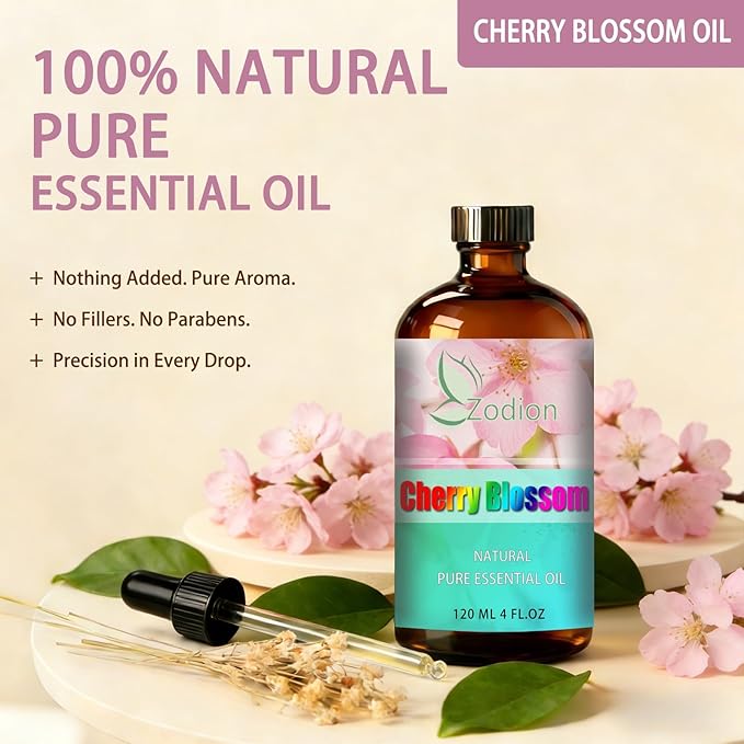 Cherry Blossom Essential Oil, 4 fl oz (120ml) - ZODION Cherry Blossom Fragrance Oil for Diffuser, Massage, Humidifier, DIY Candle, Soap Making, Home, Bath, Yoga