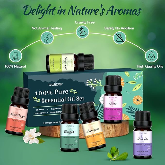 WUSEONY Top 6 Natural Aromatherapy Oils Gift Set, Essential Oils for Diffusers Home, Fragrance Oil Scent for Candle Soap Making - Lavender, Peppermint, Eucalyptus, Lemongrass, Sweet Orange, Clove