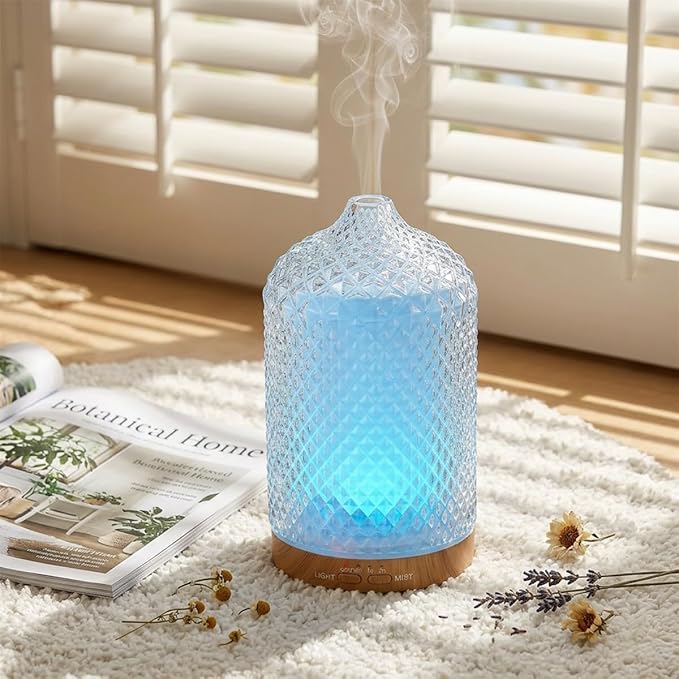 Diffuser with 3 Essential Oils,Glass Aroma Diffusers,200ml Small Humidifier with Timer,7 ED Color Lights,Waterless Auto Shut-Off for Office Home Room Decor Gifts for Women