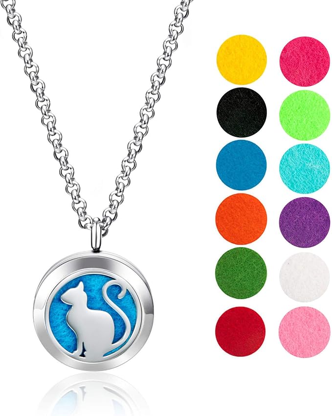 Wild Essentials Pretty Kitty Cat Necklace Essential Oil Diffuser Kit, Lavender, Lemongrass, Peppermint, Orange Oils, 12 Refill Pads, Calming Aromatherapy Gift Set, Customizable Color Changing, Perfume