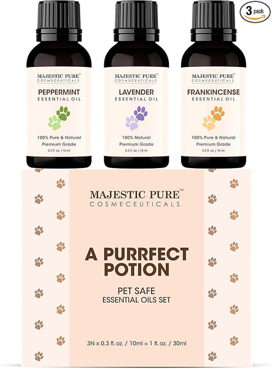 Majestic Pure, Lavender, Peppermint and Frankincense Pet Essential Oil Set | Pet Friendly and Provides Peaceful Atmosphere Used for Diffuser, Room Spray and Topical | Set of 3