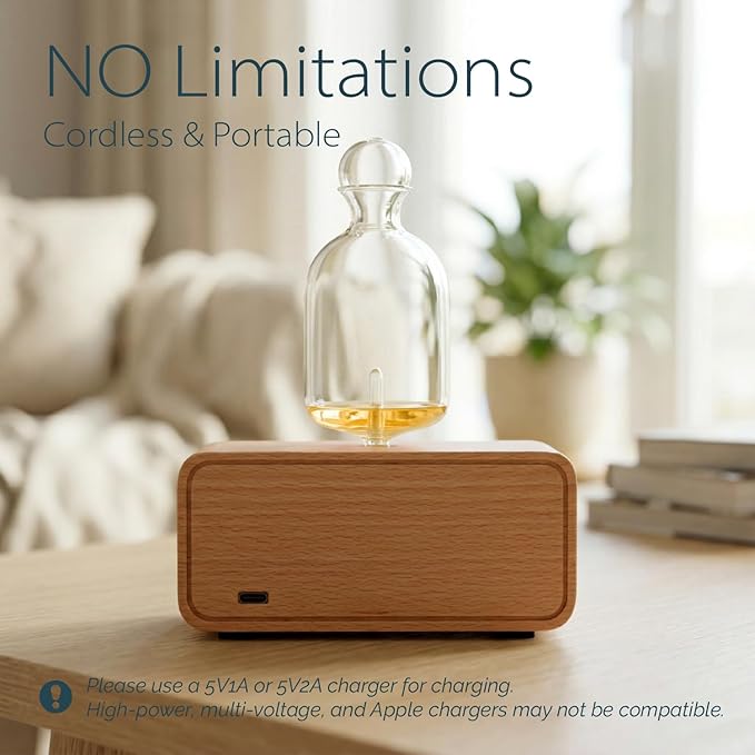 Aria Waterless Diffuser for Essential Oils, Retro Glass Nebulizing Diffuser with Solid Wood Base, Cordless Aromatherapy Dispenser for Large Room, Rechargeable for Home Office Yoga, LED & Timer