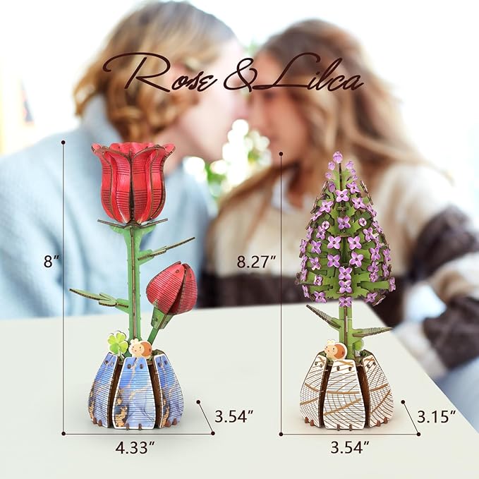 Jege 3D Flower Wooden Puzzles for Adults, DIY Building Set with 2 Flowers, 2 Perfume Bottles & Diffuser Sticks, Creative Craft Gifts & Home Decor (Rose + Lilac)