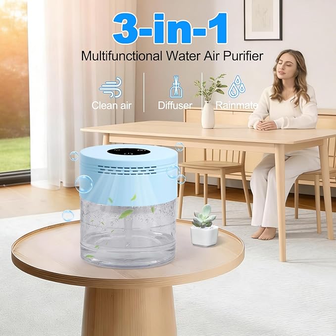 Water Air Purifiers for Home, Water Based Air Purifiers, Quiet 3-Speed Air Washer Aroma Diffuser, 8-Color Light Air Revitalizer, 24H Auto Shut-off Humidifier for Bedroom, Office, Living room, Pet,Blue