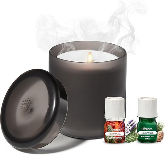 Lifelines Flameless Candle Aromatherapy Essential Oil Diffuser with 2 ClickWick Essential Oil Blends - Cordless & Waterless Diffuser for Home - Scented Electric Candles Blow Out Flame – Charcoal