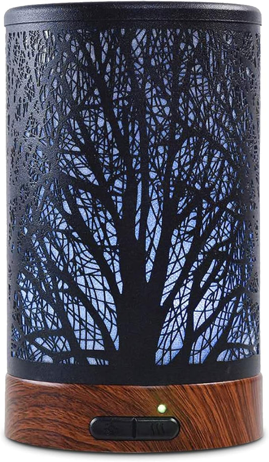 EQUSUPRO Essential Oil Diffuser 150ml Black Metal Aromatherapy Oil Diffuser Ultrasonic Cool Mist Diffuser with Auto Shut-Off Protection,7 Colors Changed LED for Home Office SPA Yoga (A-Tree)