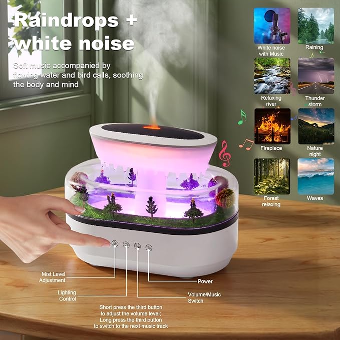 Cloud Rain Humidifier Water Drip, 7 Colors Rainfall Humidifier with Rain Sounds, 250ml Raindrop Essential Oil Aromatherapy Diffuser for Bedroom, Office, Silent Rain Lamp, Timing, Auto-Off