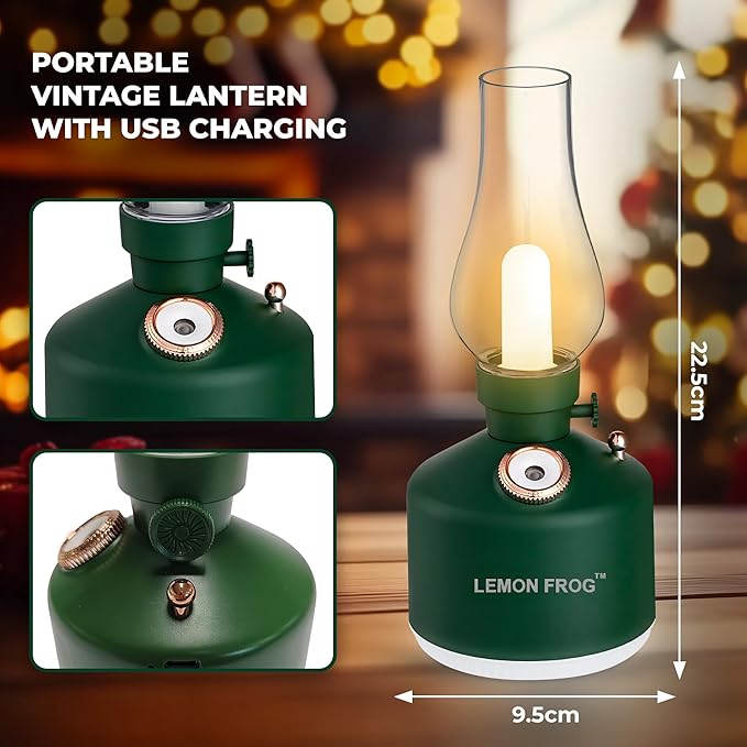 Aroma Diffuser-Vintage LED Night Lamp with Timed Spray; 1200mAh Battery; Wireless; Colorful Lights; Fine Water Mist; Dimming Control; Two Level Spray Quantity; 280mL Capacity. (Matte Black)