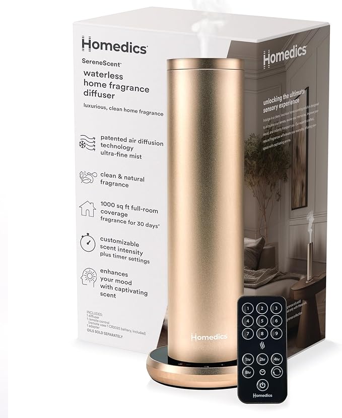 Homedics SereneScent Waterless Essential Oil Diffuser, Home Fragrance Scent Diffuser for Large Rooms, No Water Needed, Patented Air Diffusion Technology, Oil Sold Separately, Champagne