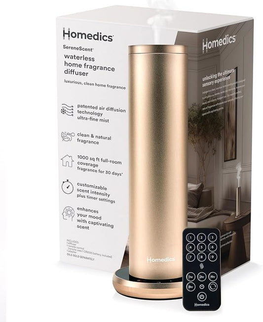 Homedics SereneScent Waterless Essential Oil Diffuser, Home Fragrance Scent Diffuser for Large Rooms, No Water Needed, Patented Air Diffusion Technology, Oil Sold Separately, Champagne