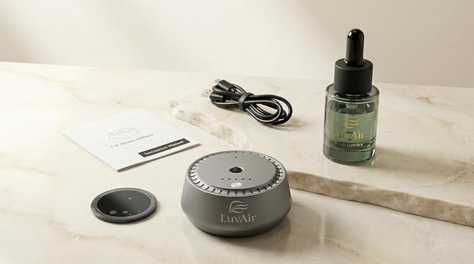 LuvAir Smart waterless car Aroma Diffuser Set, Adjustable Ultra Sonic-Mist Technology, Rechargeable, 100% Natural Fragrance, Aromatherapy Oil Scent Included (Metallic, Peach Lumiere)