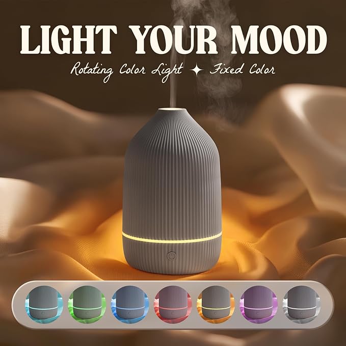 Essential Oil Diffuser, 100ml Aromatherapy Diffuser, Mini Ultrasonic Diffuser for Essential Oil, Home, Office, Cool Mist Humidifier with 7 Led Light, Auto Shut-Off, Gray