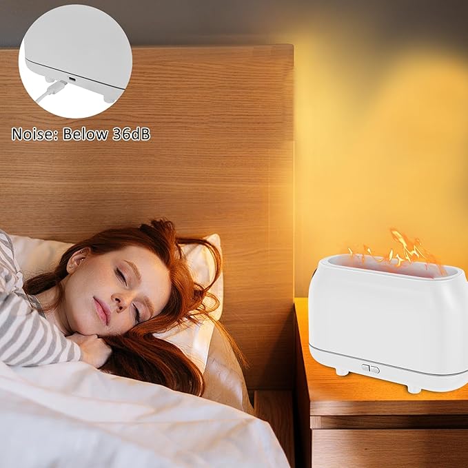Flame Diffuser Humidifier with 7 Colors Flame Light, 180ml Flame Aroma Diffuser, Colorful Flame Light Quiet Waterless Auto Shut-Off Air Humidifier Diffuser for Home Office Room (White)