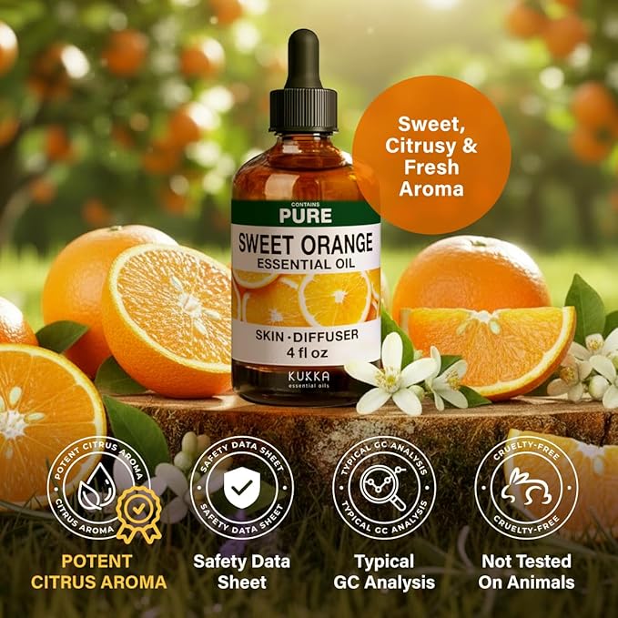 100% Pure Orange Oil - 4 Fl Oz Orange Essential Oil for Hair, Skin, Diffuser, Aromatherapy & DIY Soap Making Scent