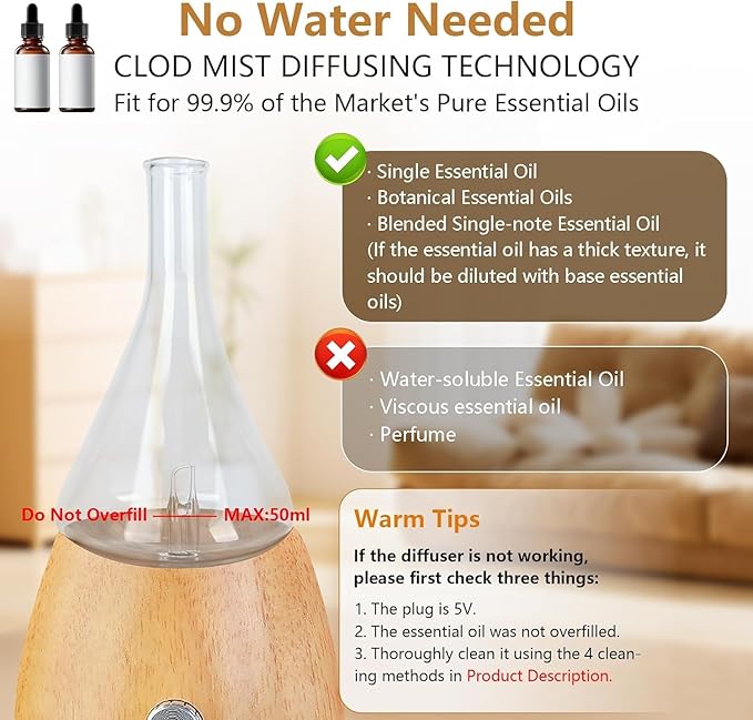 Lychee Essential Oil Diffuser Humidifiers, 7 Colors Light Setting, Quiet Diffuser, Small Aromatherapy Diffuser with Wood Grain Base for Room Home Office Bedroom Nice Gift