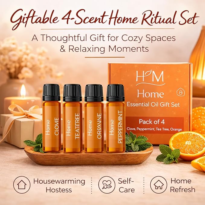 HM Home Essential Oil Gift Set, 4 Pack - Clove, Peppermint, Tea Tree & Orange - Aromatherapy Oils for Diffuser, Humidifier, Home Fragrance, Housewarming & Self Care Gifts - 10 mL Each