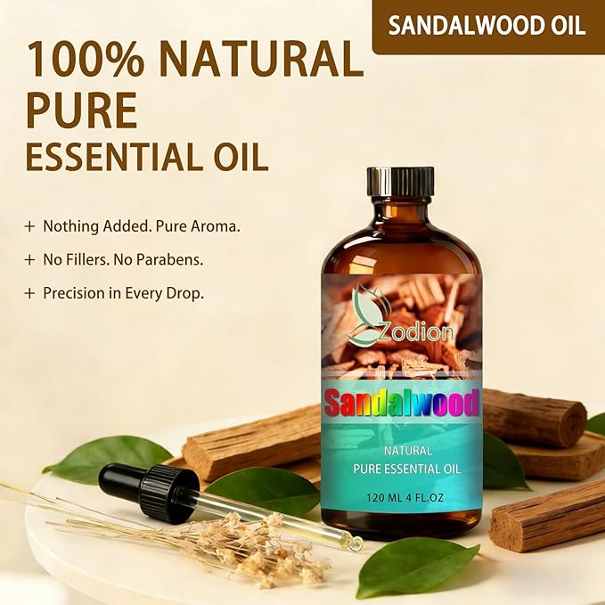 Sandalwood Essential Oil, 4 fl oz (120ml) - ZODION Sandalwood Fragrance Oil for Diffuser, Massage, Humidifier, DIY Candle, Soap Making, Home, Bath, Yoga